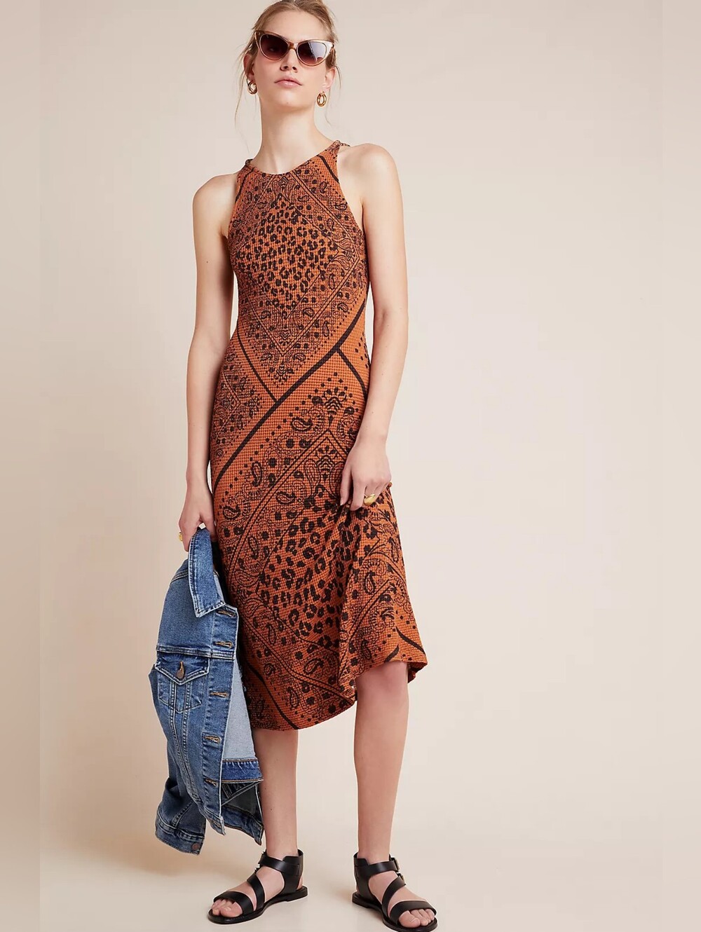 Farm Rio Alyse Knit Midi Leopard Print Paisley Anthropologie Brown Dress